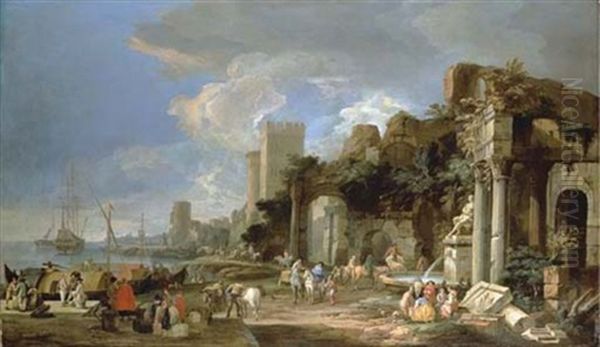 A Capriccio View Of A Port Oil Painting by Luca Carlevarijs