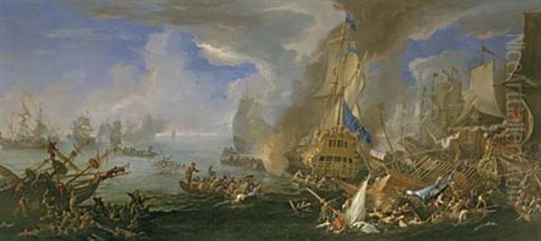 A Sea Battle With Sardinian And Venetian Warships And Sardinian And Egyptian (?) Galleys In The Foreground Oil Painting by Luca Carlevarijs