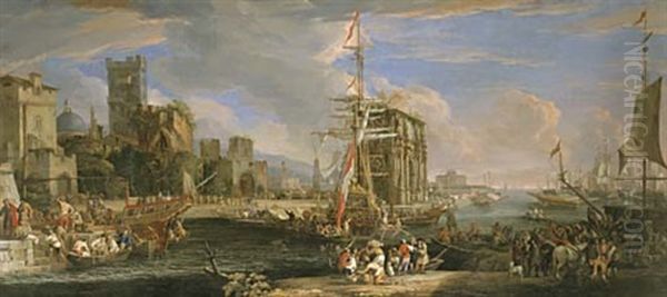 A Capriccio Of A Mediterranean Seaport With Austrian Shipping, Merchants And Sailors On Quays, A Company Of Militia Near The Arch Of Constantine And Castel Sant'angelo Beyond Oil Painting by Luca Carlevarijs