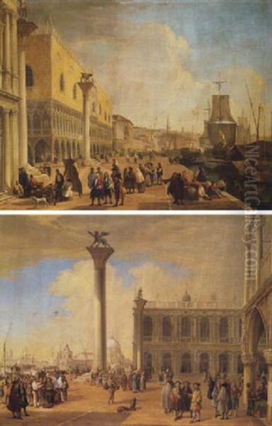 The Molo And The Riva Degli Schiavoni, Venice, Looking East, With Gentlemen, Merchants, Stevedores, Tradesmen And Townsfolk Oil Painting by Luca Carlevarijs