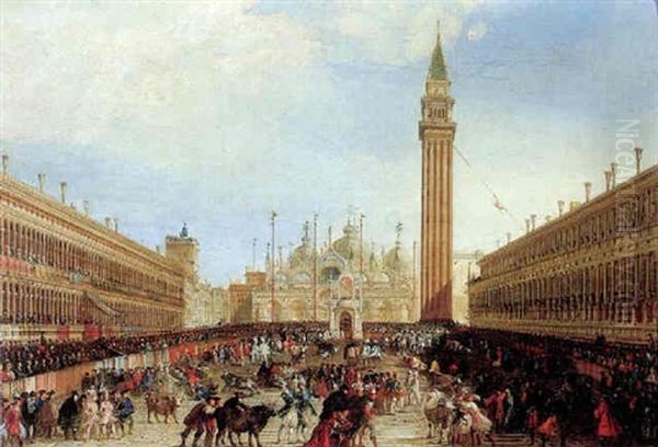 A View Of St. Mark's Square During Maundy Thursday Celebration Oil Painting by Luca Carlevarijs