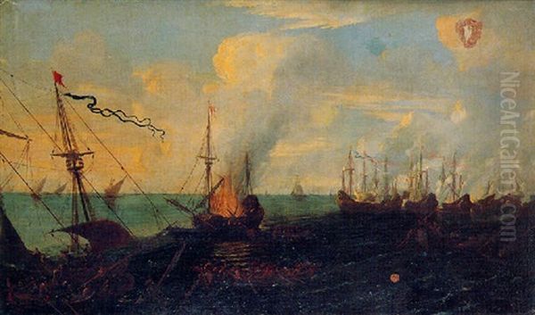 Scene De Bataille Navale Avec L'incendie D'un Bateau Oil Painting by Luca Carlevarijs