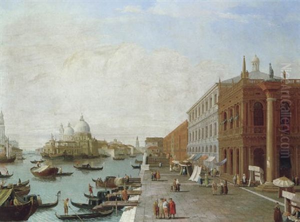 Blick Von Der Riva Degli Schiavoni Mit Der Biblioteca Uber Das Markusbecken Auf Den Canal Grande Mit Der Punta Della Dogana Oil Painting by Luca Carlevarijs