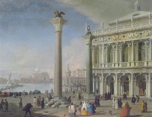 Venezia: La Piazzetta Di San Marco Verso Le Colonne, La Libreria Con La Chiesa Del Redentore E La Punta Della Dogana Oil Painting by Luca Carlevarijs