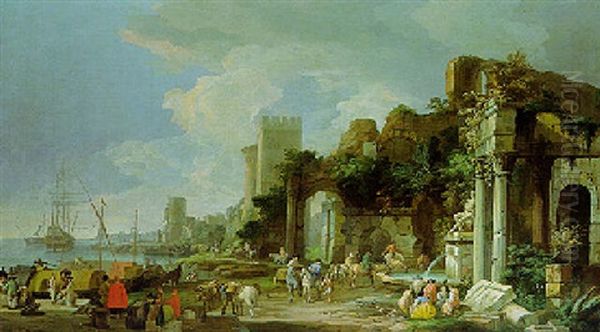 A Capriccio View Of A Port Oil Painting by Luca Carlevarijs