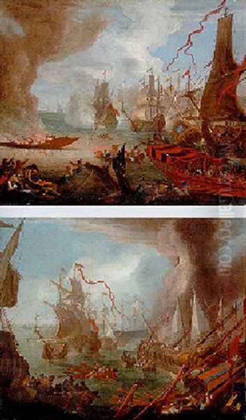 Sea Battles Between Christians And Turks Oil Painting by Luca Carlevarijs