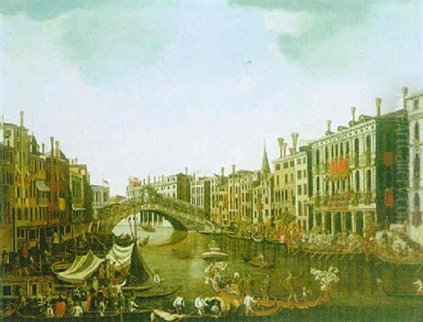 Venice, The Grand Canal From The South, Looking Towards The Rialto Bridge Oil Painting by Luca Carlevarijs