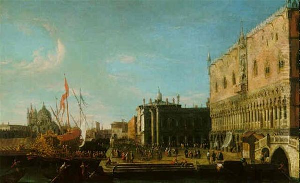 Venice, A View Of The Riva Degli Schiavoni Looking West With Figures Embarking The Bucintoro Oil Painting by Luca Carlevarijs