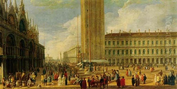 View From The Piazza San Marco Toward The Piazetta With Fruitsellers, Gamblers, Booksellers, Clergy, Noblemen And Other Folk Oil Painting by Luca Carlevarijs