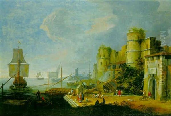 A Capriccio Of A Town Wall On A Quay Oil Painting by Luca Carlevarijs