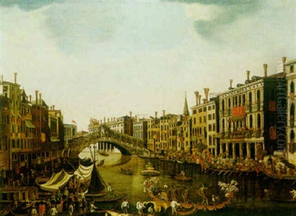 Venice, The Grand Canal From The South, Looking Towards The Rialto Bridge Oil Painting by Luca Carlevarijs