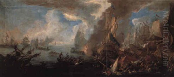 A Sea Battle With Sardinian And Venetian Warships.. In The Foreground Oil Painting by Luca Carlevarijs