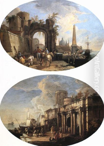 Capriccio View Of A Harbour With Horsemen Passing Beneath An Arch Oil Painting by Luca Carlevarijs