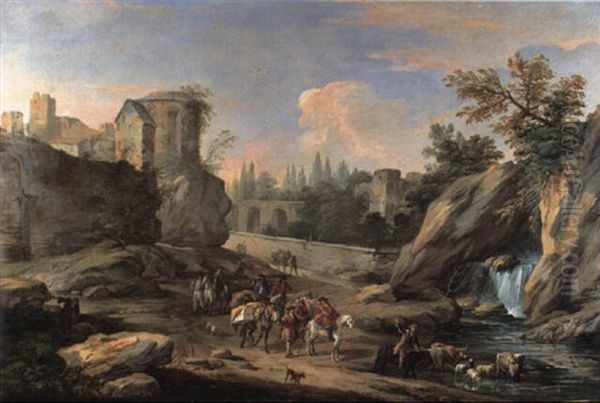 A Landscape In The Campagna With Travellers And Their       Pack-horses About To Cross A River, A Waterfall, A Roman Oil Painting by Luca Carlevarijs