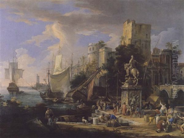 Scene Portuaire Avec Une Fregate Mise En Chantier Oil Painting by Luca Carlevarijs