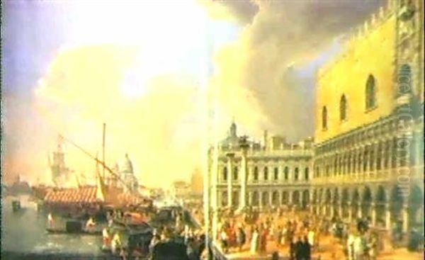 Veduta Del Molo Verso Ovest, Con La Chiesa Della Salute,    La Libreria Marciana E Il Palazzo Ducale Oil Painting by Luca Carlevarijs