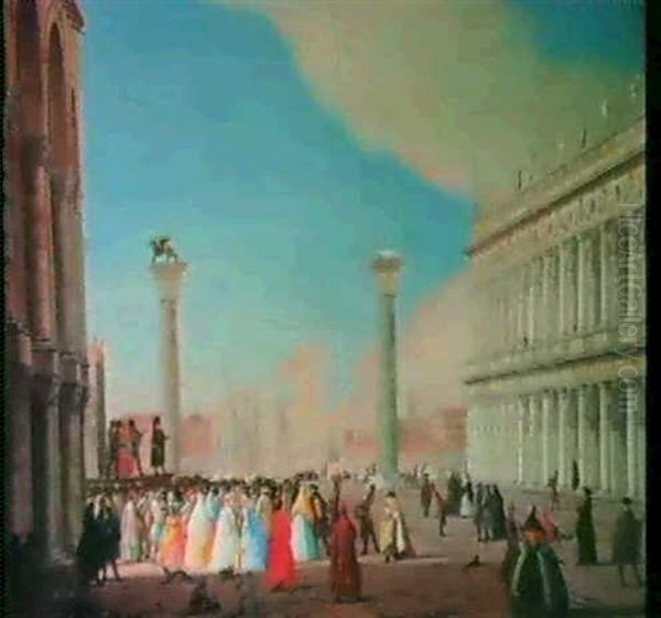 The Piazetta, Venice, Looking South From In Front Of The    Facade Of San Marco, With Libreria And A Crowd And More Oil Painting by Luca Carlevarijs