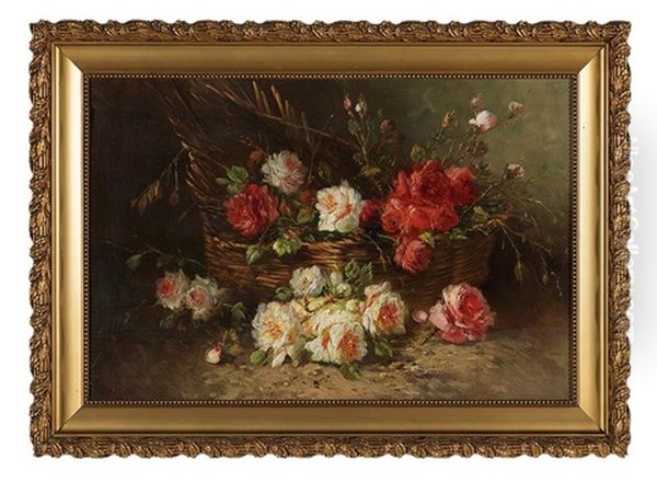 Still Life Of Peonies And Wild Roses In A Woven Basket Oil Painting by Max Carlier