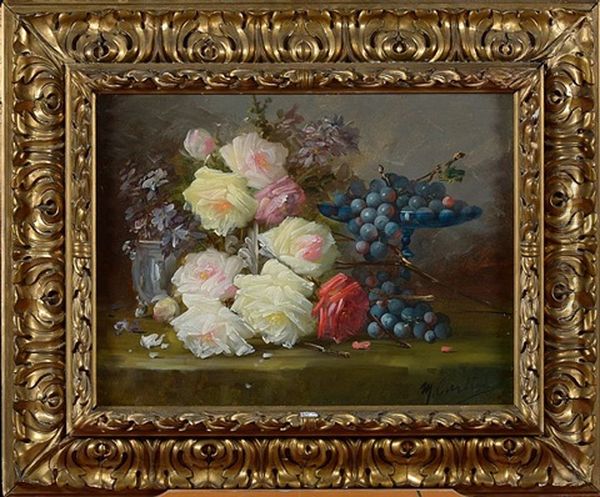 Gerbe De Roses Et De Raisins Sur Un Entablement Oil Painting by Max Carlier