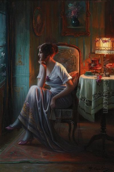 Young Woman In The Lamplight Oil Painting by Max Carlier