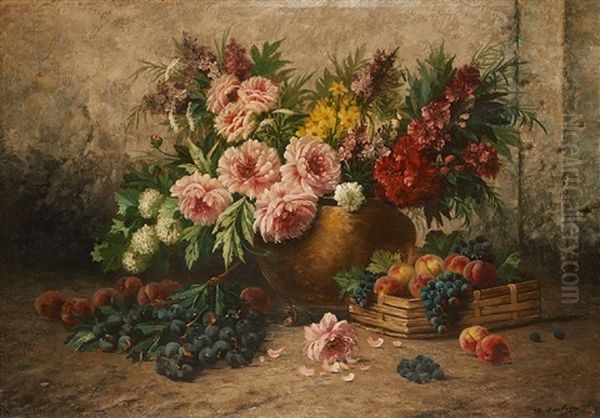 Composition Aux Pivoines Et Aux Fruits Oil Painting by Max Carlier