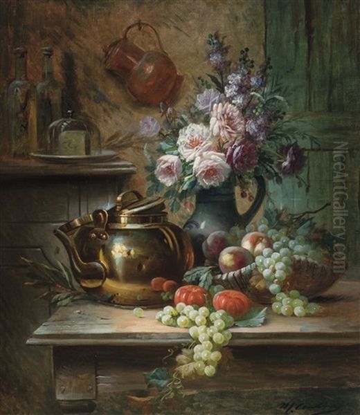 Still Life With Roses And Fruits Oil Painting by Max Carlier