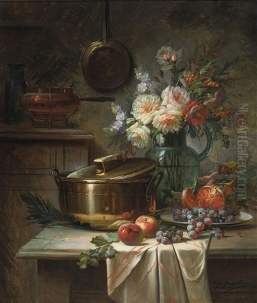 Still Life With Roses And Fruits Oil Painting by Max Carlier