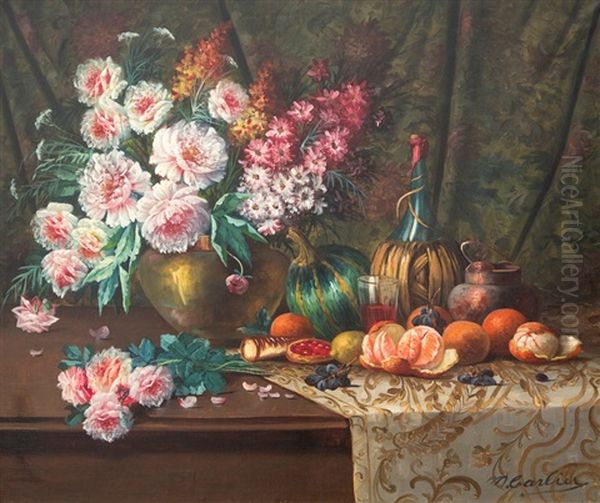 Stilleven Met Chiantifles, Rozen En Fruit Oil Painting by Max Carlier