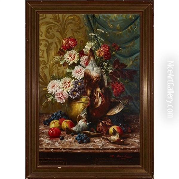 Autumnal Still Life Of Flowers And Game Oil Painting by Max Carlier