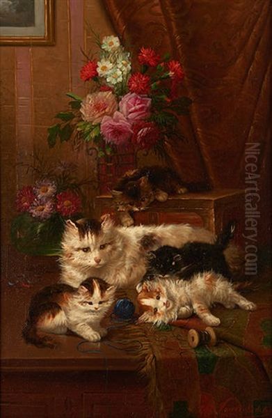 Chatte Et Ses Trois Chatons A La Pelote De Laine Oil Painting by Max Carlier