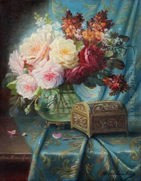 Stilleven Met Rozen En Juwelendoosje Oil Painting by Max Carlier