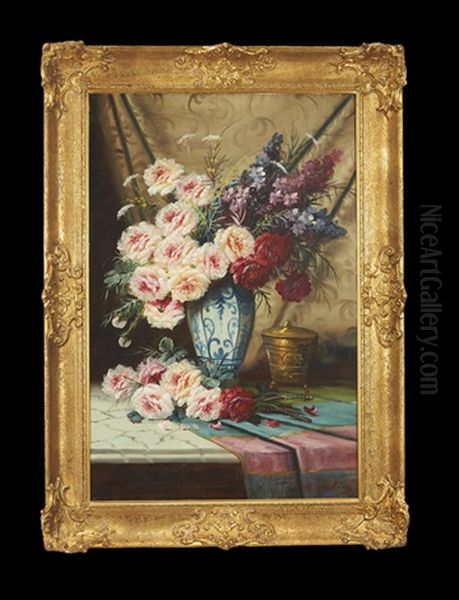 Still Life With Flowers In A Blue And White Vase Oil Painting by Max Carlier