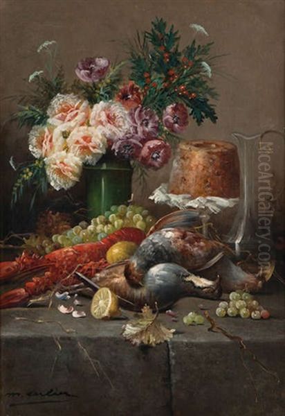 Nature Morte Avec Fleurs, Gibier, Homard Et Raisins Sur Entablement En Pierre Oil Painting by Max Carlier