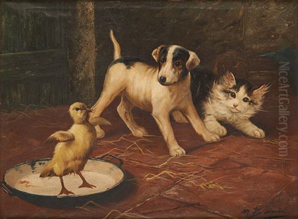 Chien, Chat Et Poussin Oil Painting by Max Carlier