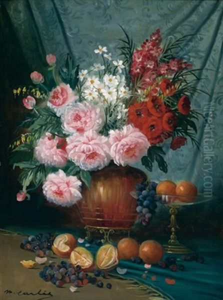 Still Life With Vase Of Flowers And Fruit On A Table Oil Painting by Max Carlier