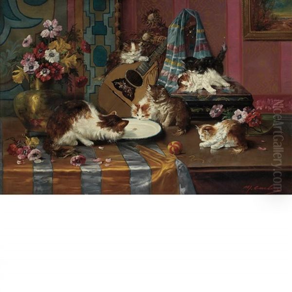 Cats Playing Oil Painting by Max Carlier