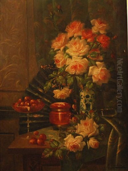 Vase Fleuri De Roses Et Coupe Fleurie Sur Un Entablement Oil Painting by Max Carlier