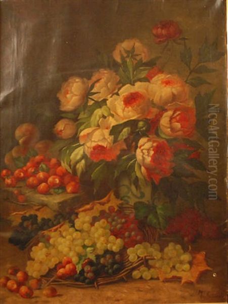 Composition Aux Roses Et Panier De Raisins Oil Painting by Max Carlier