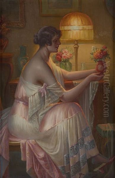 La Composition Du Bouquet A La Lueur De La Lampe Oil Painting by Max Carlier