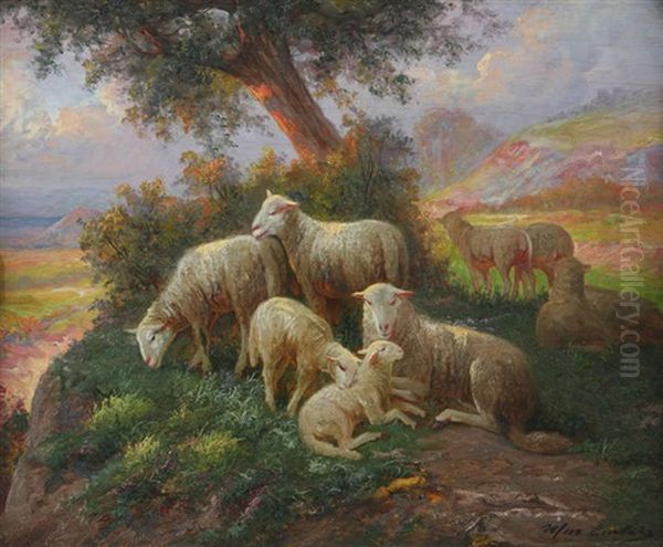 Moutons Au Coucher De Soleil Oil Painting by Max Carlier