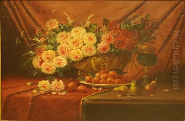 Composition Aux Roses Et Aux Fruits Sur Entablement Oil Painting by Max Carlier