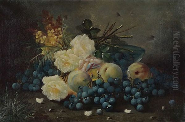 Nature Morte Aux Raisins, Pommes Et Roses Blanches Oil Painting by Max Carlier