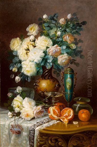 White Roses, Oranges, And Porcelain Urn On Draped Table Oil Painting by Max Carlier