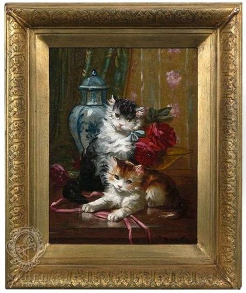 Zwei Katzchen Mit Blumen Und Einer Chinesischen Vase Oil Painting by Max Carlier