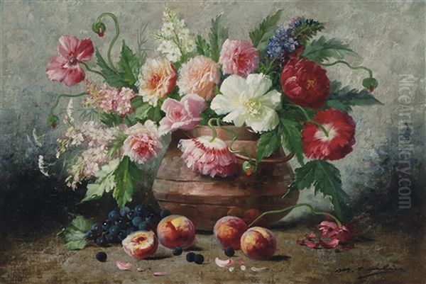 Stilleven Met Bloemen En Perziken Oil Painting by Max Carlier