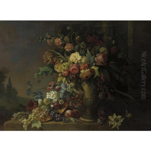 Still Life With Fruit And Flowers Oil Painting by Max Carlier