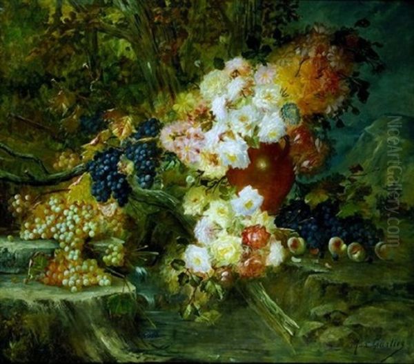 Still Life Of Flowers In An Earthenware Pot And Fruits In A Wooded Landscape Oil Painting by Max Carlier