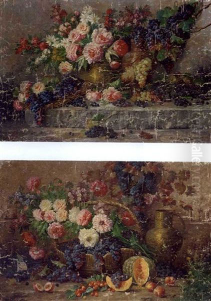 Summer Blooms In Brass And Copper Ewers By A Grape Vine (+ Summer Blooms And Grapes In A Basket By Peaches, Cherries, A Pumpkin, A Brass Ewer And A Vine On A Ledge; Pair) Oil Painting by Max Carlier