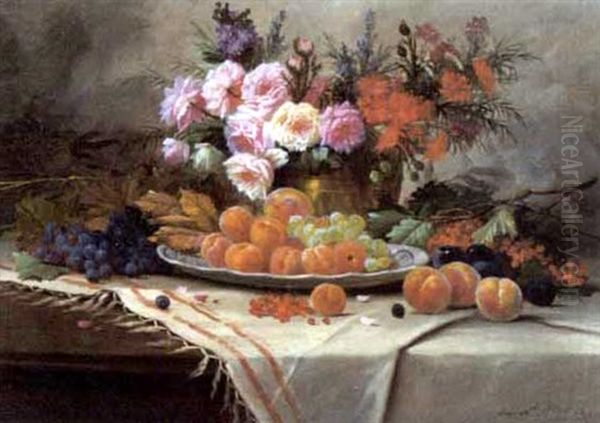 Stilleven Met Bloemen En Fruit Oil Painting by Max Carlier