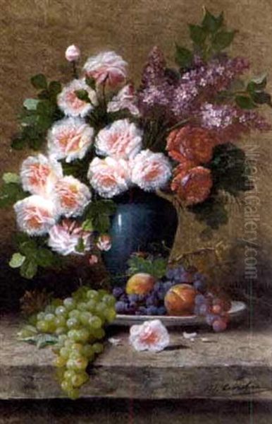 Roses And Lilacs In A Blue Vase With A Plate Of Fruit On A Stone Ledge Oil Painting by Max Carlier